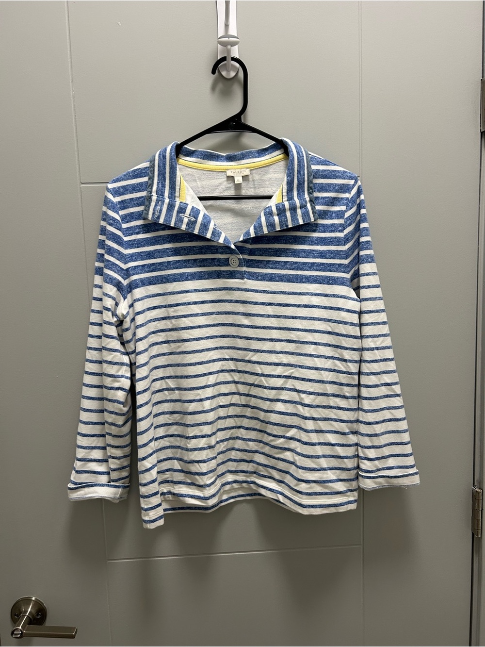 Talbots Petite Medium Blue White Striped 3/4 Sleeve Polo Top Coastal Preppy